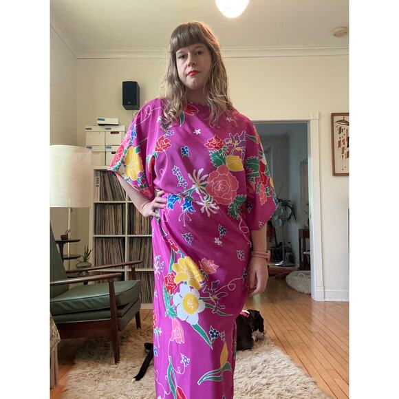 Oscar de la Renta Dresses & Skirts - 1980s vintage Oscar de la Renta caftan pink floral maxi dress loungewear large